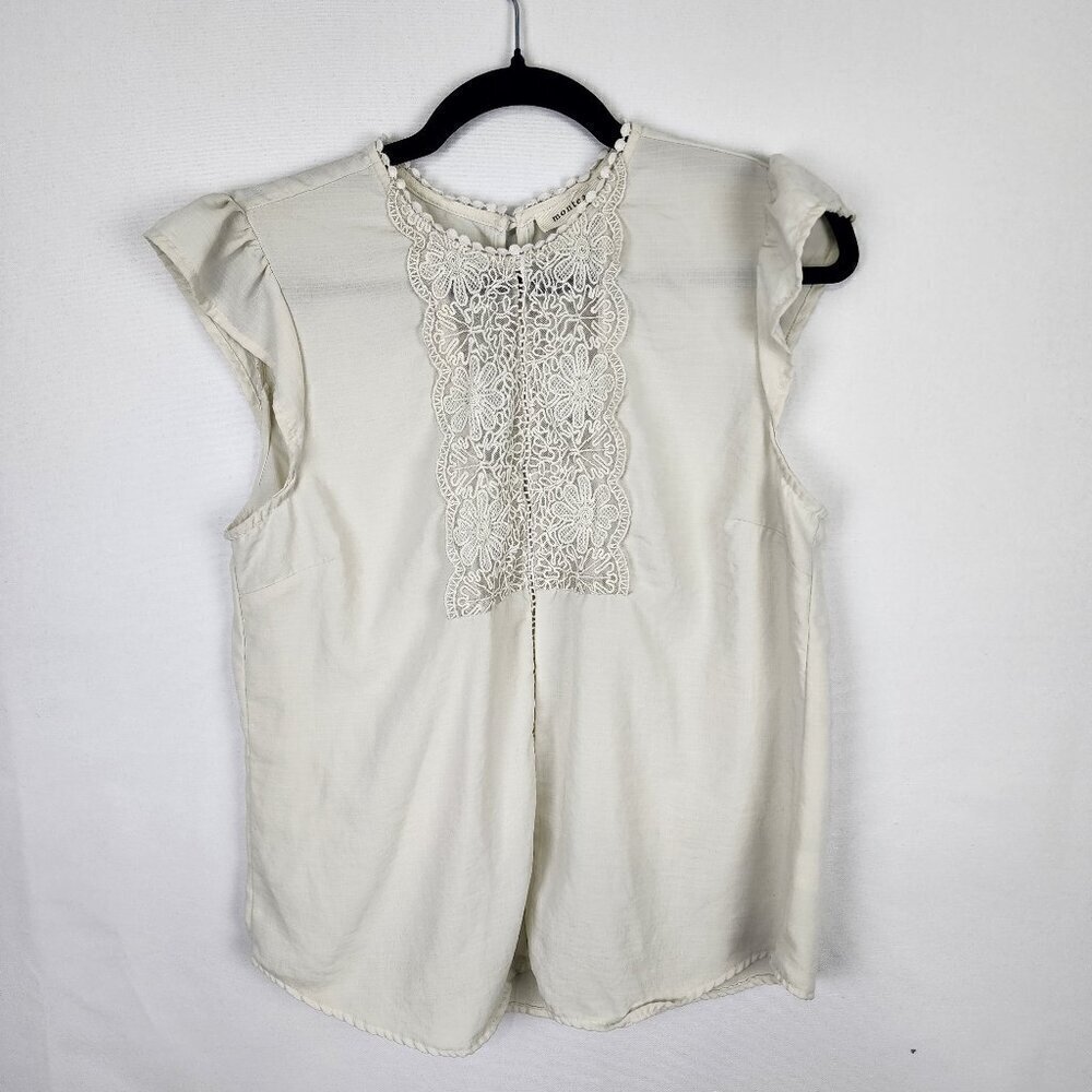 Monteau Los Angeles Cream Lace Bib Ruffle‎ Sleeve Blouse Large